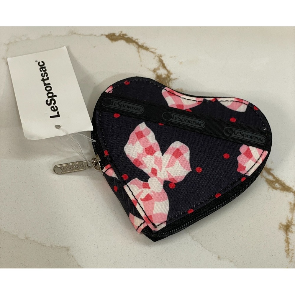 LeSportsac Heart-Shape Coin Purse Bag Wallet Bows Plaid Black Pink Red Zip New